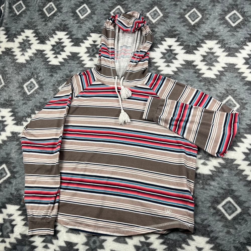 Ariat Womens Serape Stripe Hooded Long‎ Sleeve Shirt Brown Pink Blue Size Large